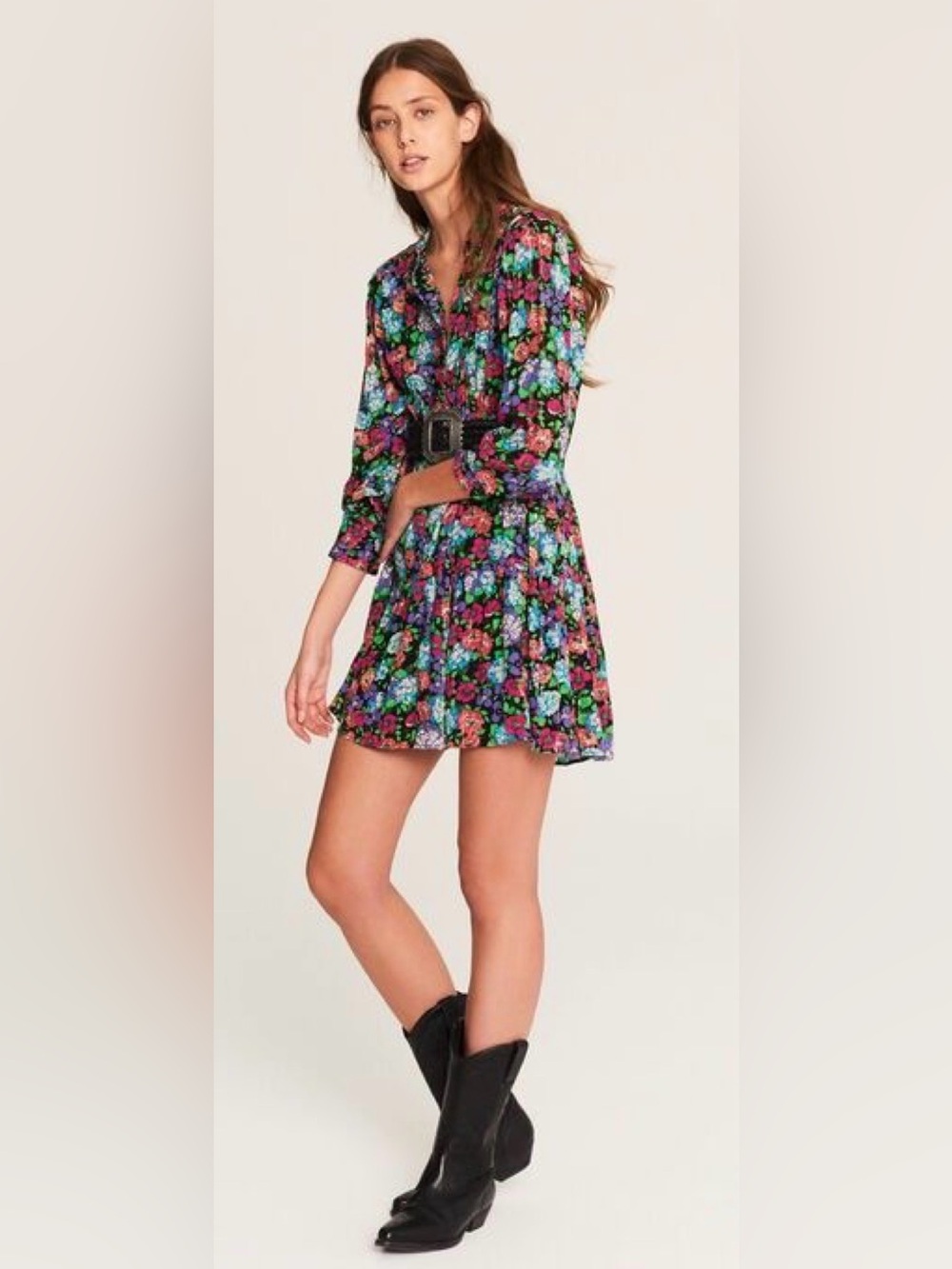 ba&sh Poldie Dress - Floral Button-Front Shirt Dress in Noir